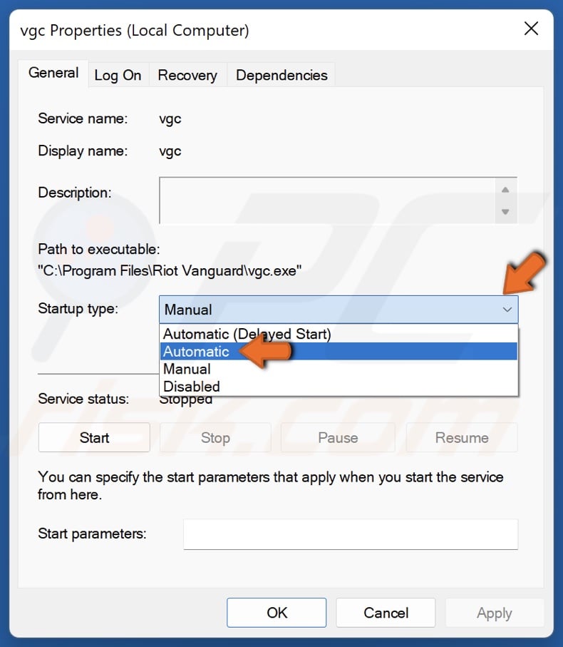 Open Startup type drop-down menu and select Automatic