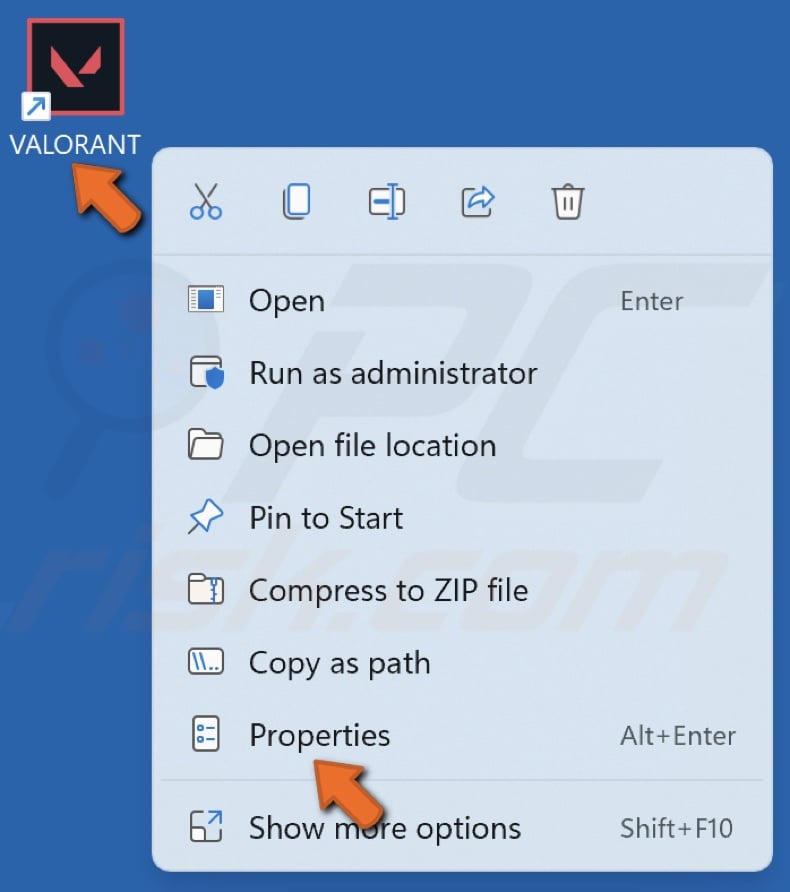 Right-click Valorant desktopn shortcut and click Properties