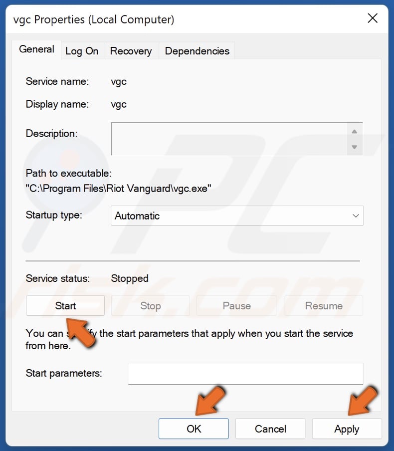Click Start and click Apply and click OK
