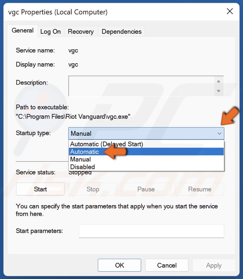Open the Startup type drop-down menu and select Automatic