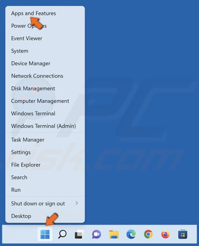 Right-click the Windows Start menu button and select Apps and Features