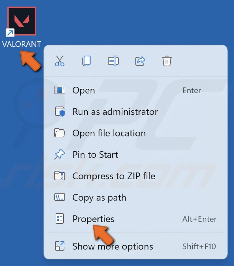 Right-click the Valorant shortcut and click Properties