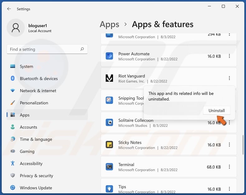 Click Uninstall to confirm the action