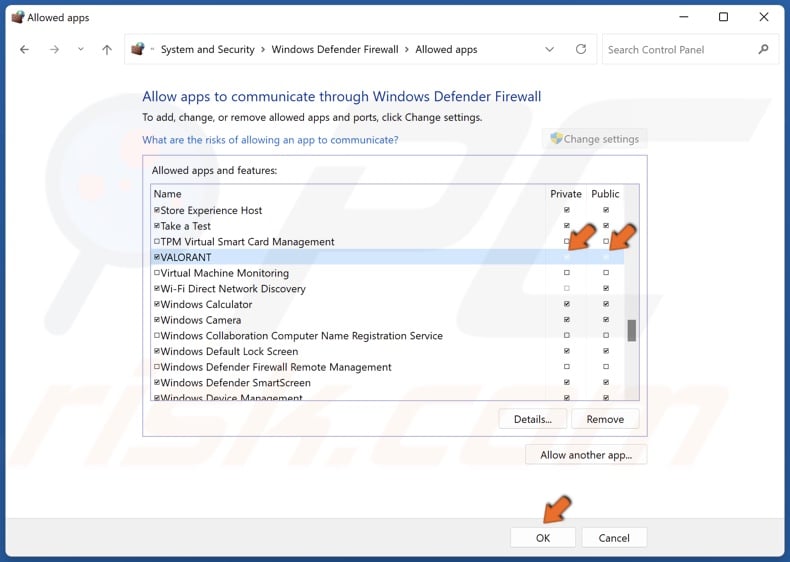 Mark Private and Public checkboxes for VALORANT and click OK