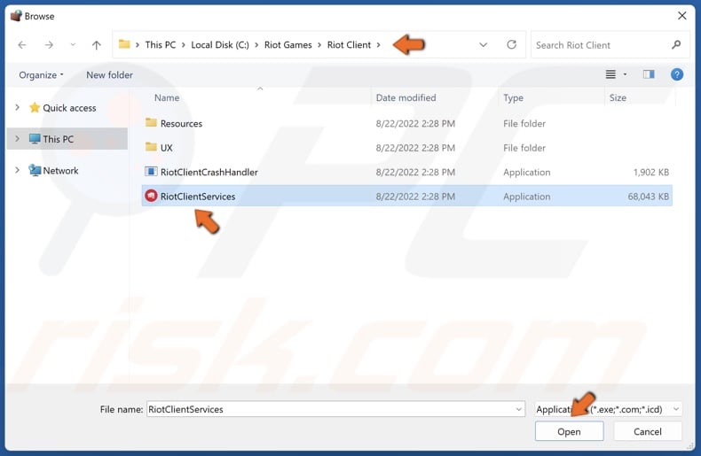 Select RiotClientServices and click Open