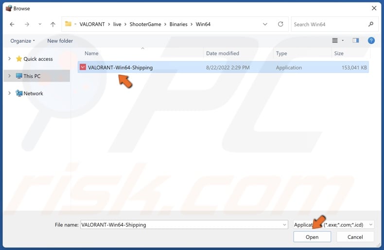 Select Valorant-Win64-Shipping and click Open