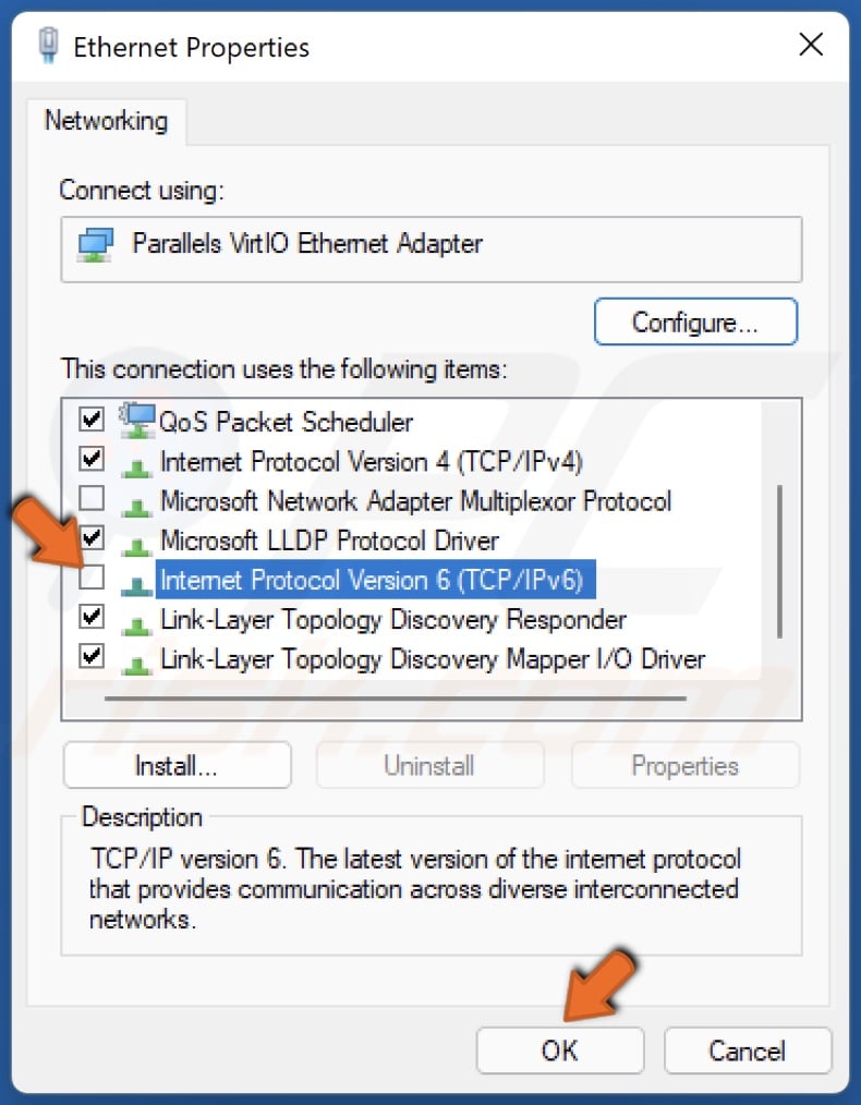 Unmark the checkbox next to Internet Protocol Version 6 and click OK