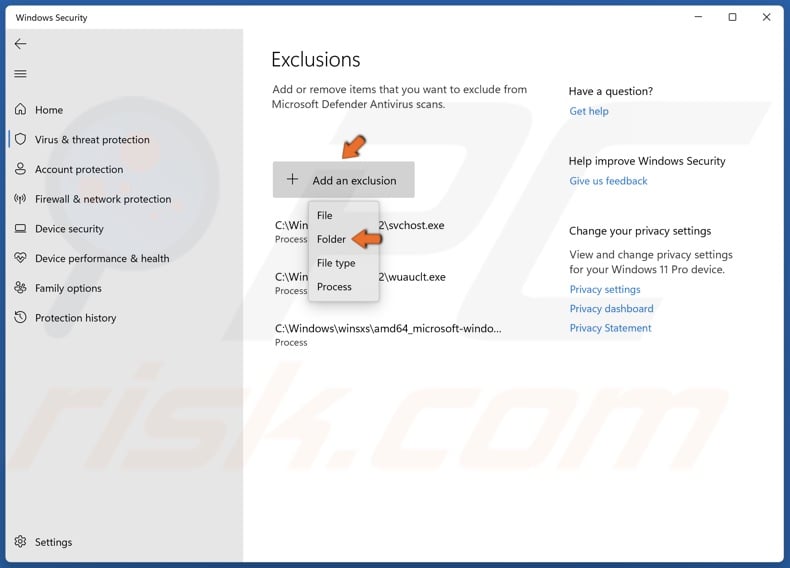 Click Add an exclusion and select Folder