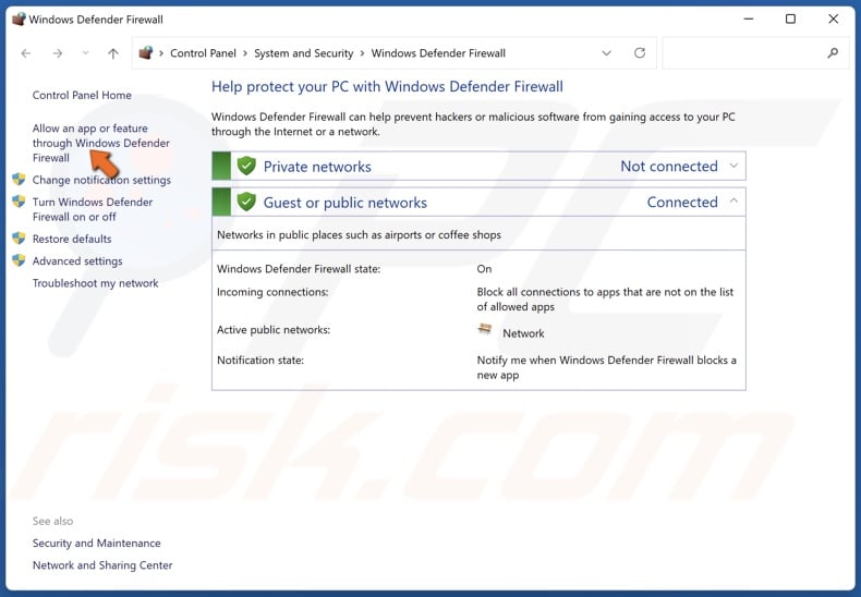 Select Allow an app or feature through Windows Defender Firewall