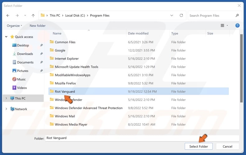 Select the Riot Vanguard folder and click Select Folder