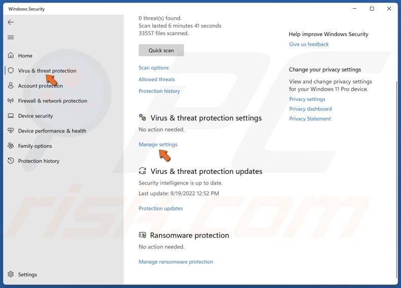 Select Virus & threat protection and click Manage settings