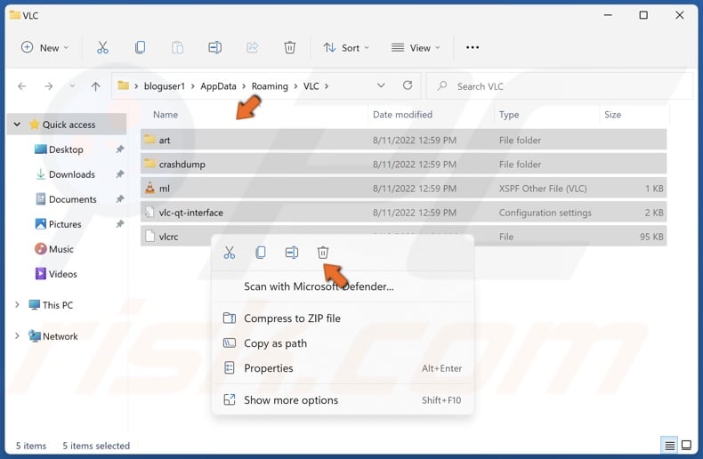 Select all files in the VLC cahce folder, right-click them and click Delete