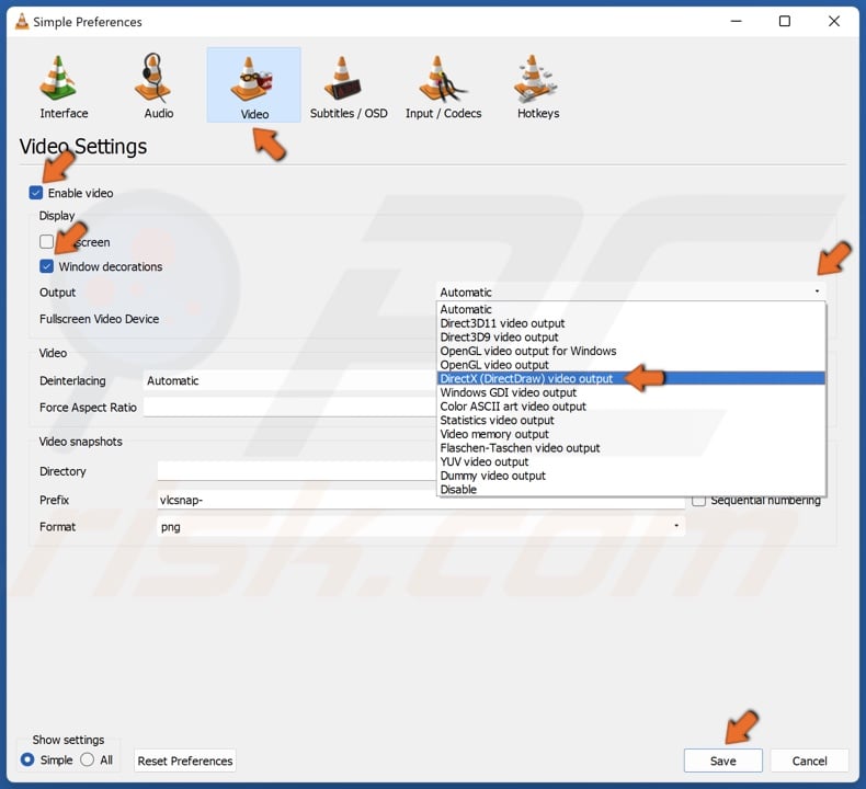 Select the Video section, open the Output drop-down menu and select DirectX (DirectDraw video output) and click Save