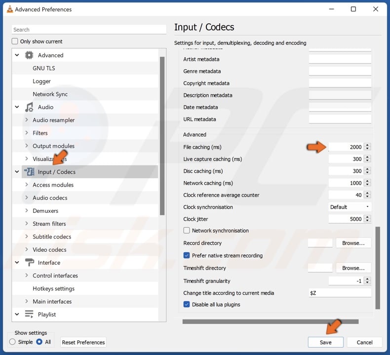 Select Input / Codecs and set File caching to 2000 and click Save
