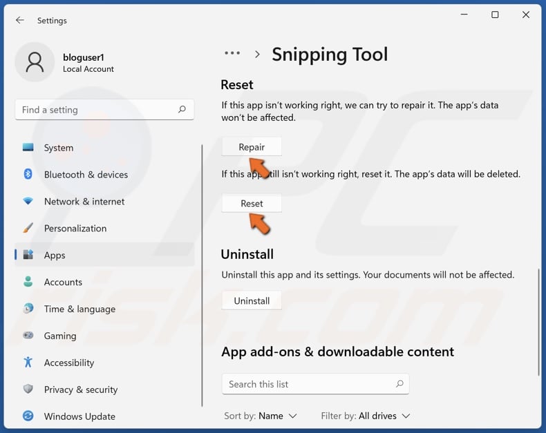 Click Repair and click Reset