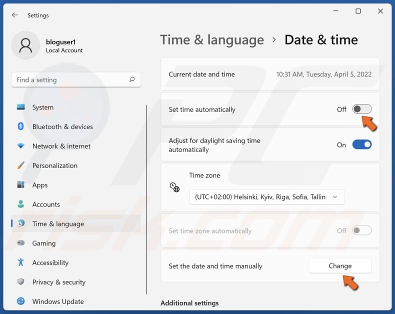 Disable Set time automatically and click Set the date and time manually