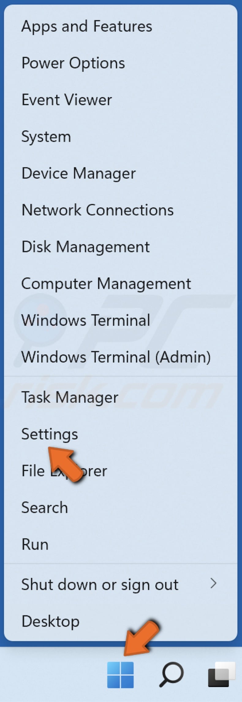 Right-click Start and click Settings