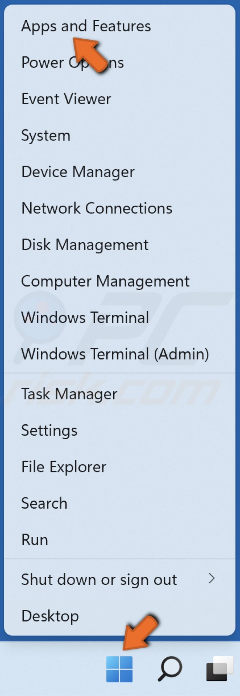 Right-click Start and select Apps and Features