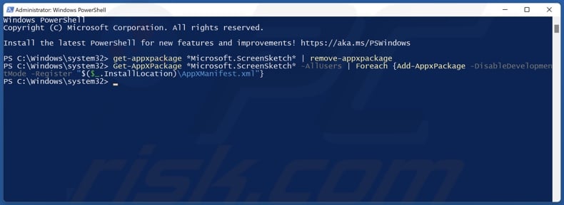 Run commands to uninstall and reinstall the Snipping Tool in PowerShell