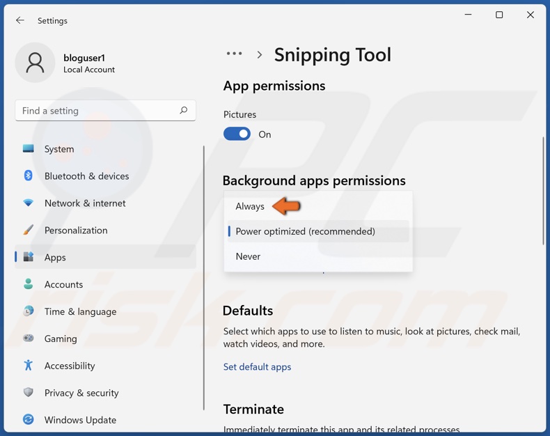 Select Always in the drop-down menu