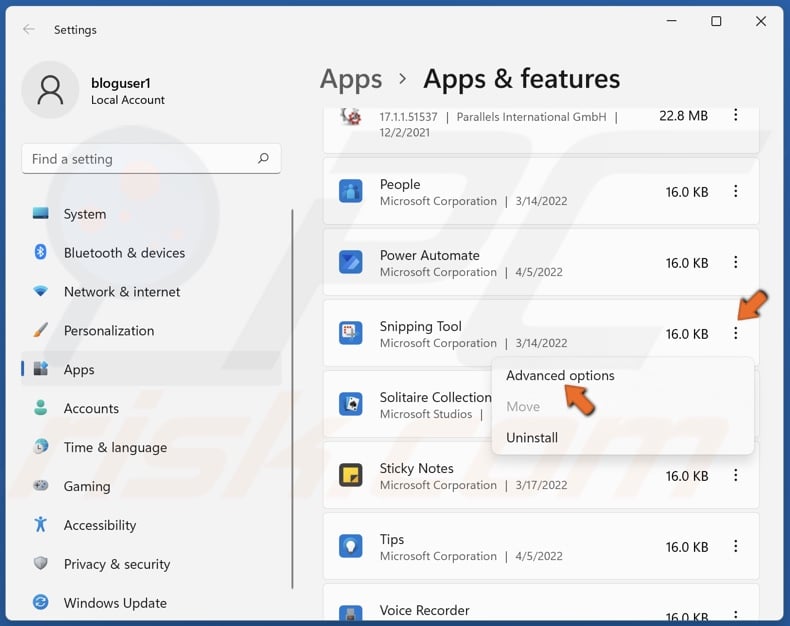 Select the Snipping Tool and click Advanced options