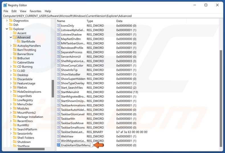 Name the new value as EnableXamlStartMenu and save the new name