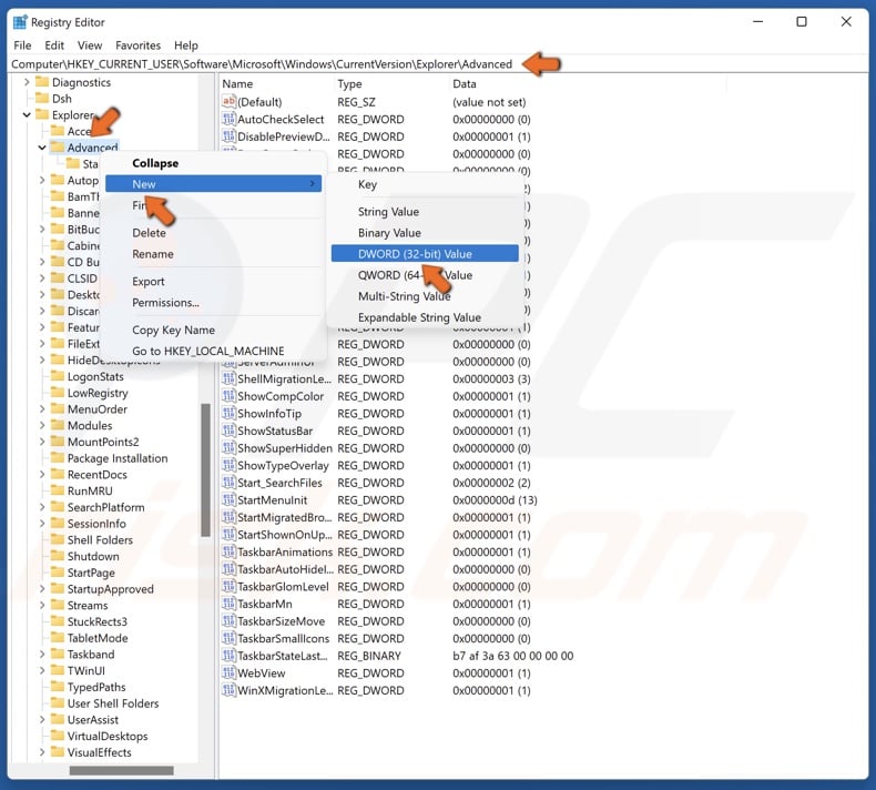 Right-click Advanced, select New and click DWORD (32-Bit) Value
