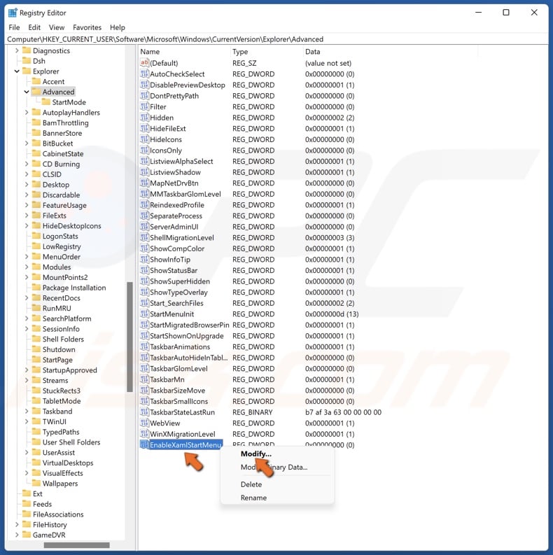 Right-click EnableXamlStartMenu and click Modify