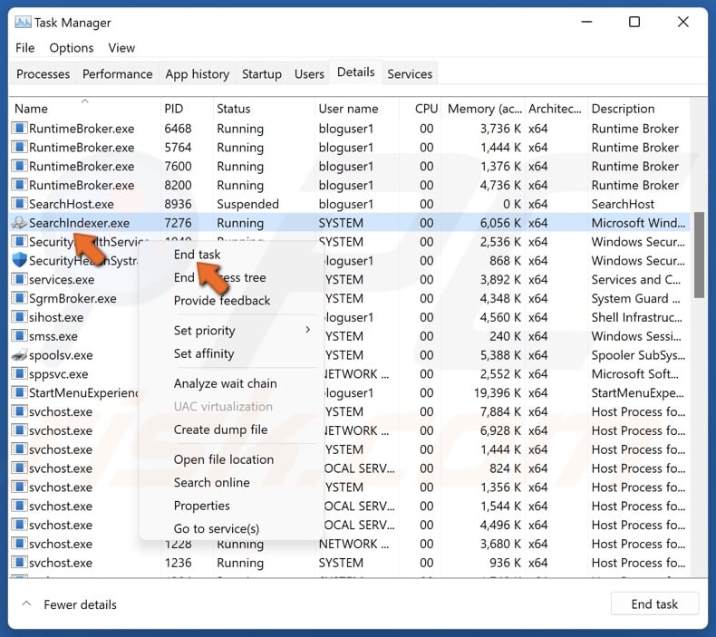 Right-click SearchIndexer.exe, SearchHost.exe, RuntimeBroker.exe, and ShellExperienceHost.exe and click End task