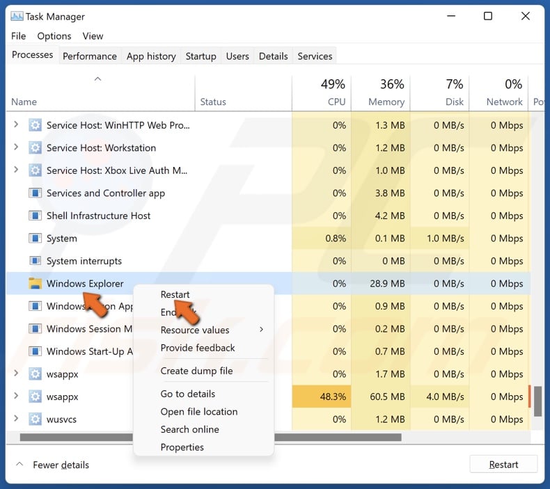 Right-click Windows Explorer and click Restart