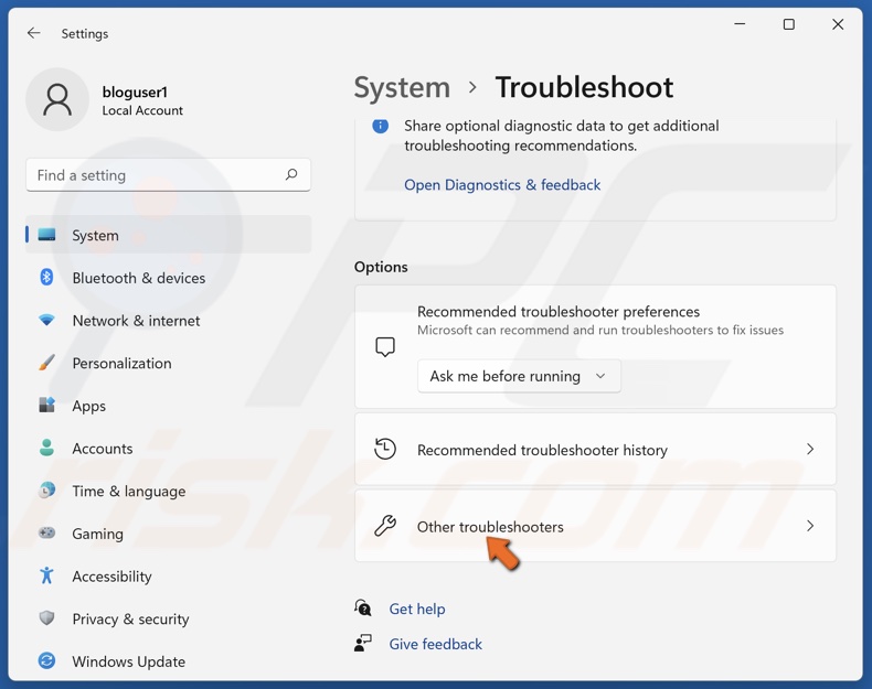 Select Other troubleshooters