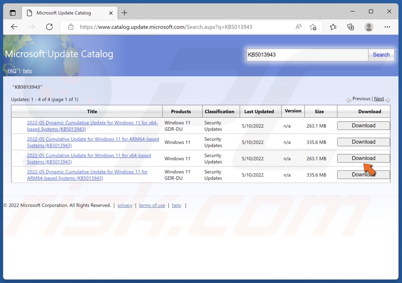 Select the update for your OS version and click Download