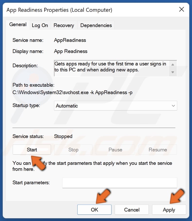 Click Start and click Apply and click OK