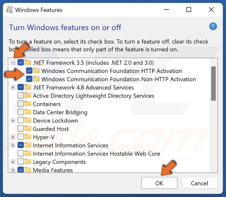 Enable NET Framework 3.5 components and click OK