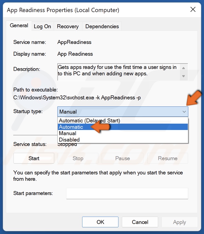 Open the Startup type drop-down menu and select Automatic
