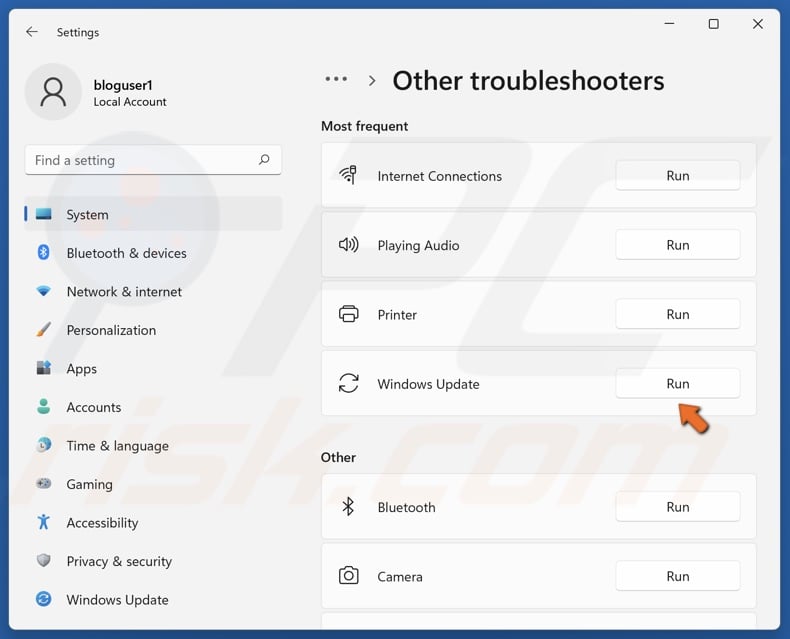 Click Run to run the Windows Update troubleshooter