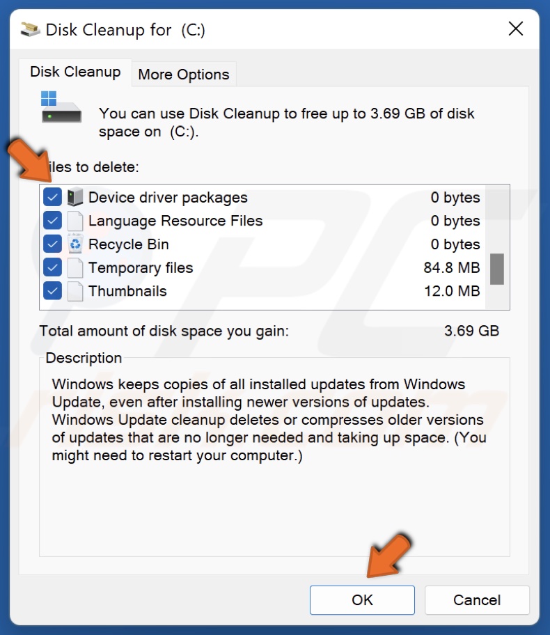 Mark the locations to be cleaned and click OK