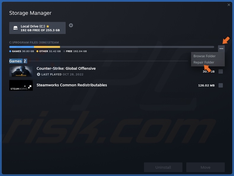 Click the ellipsis next to the Steam folder and click Repair folder