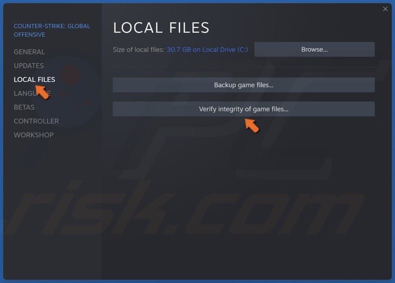 Select the Lofal Files tab and click Verify integrity of game files