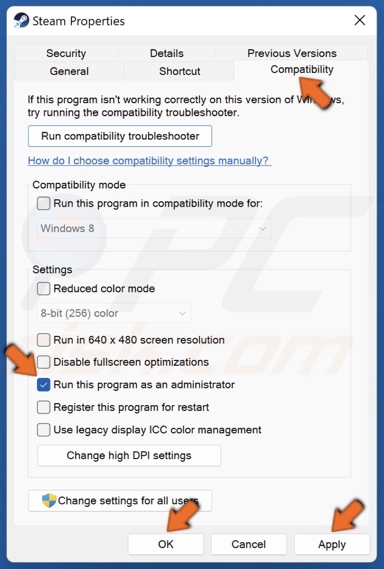 Select the Compatibility tab and mark Run this program as an administrator and click Apply and click OK