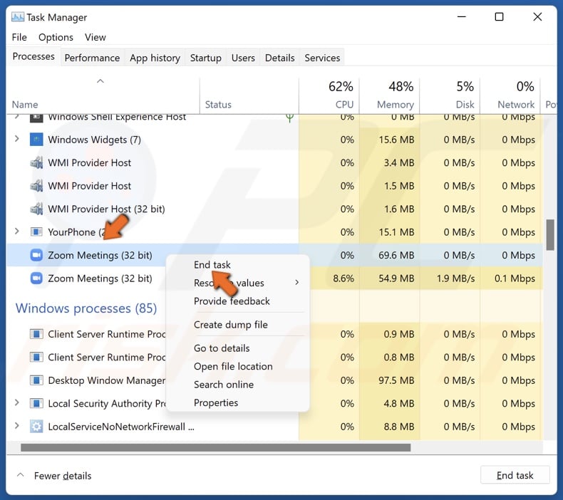 Right-click each Zoom process and click End task