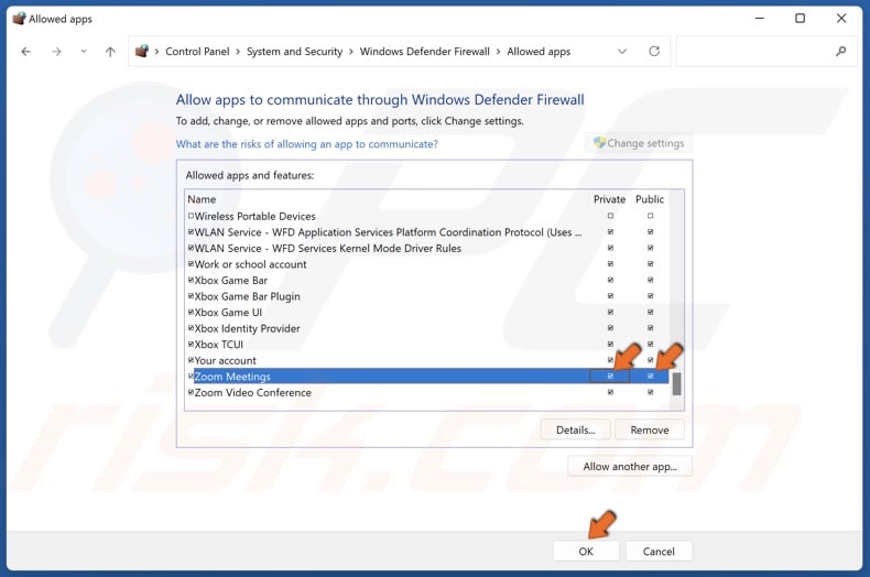 Mark Private and Publicj checkboxes for Zoom Mettings and click OK