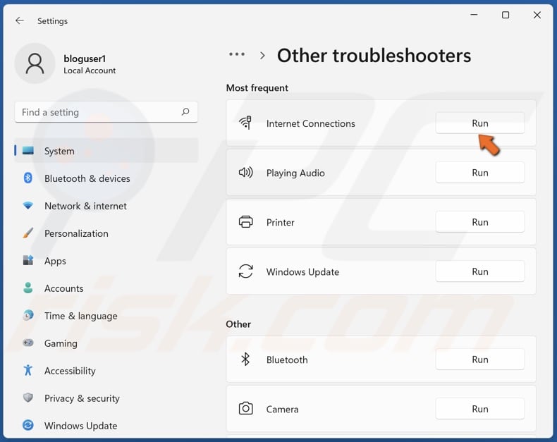 Run the Internet connections troubleshooter