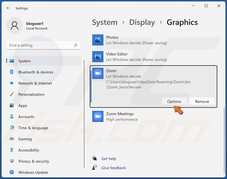 Click Options for Zoom_launcher.exe