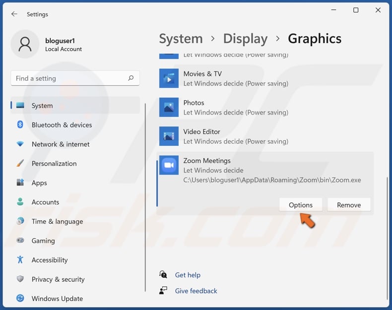 Click Options for Zoom.exe