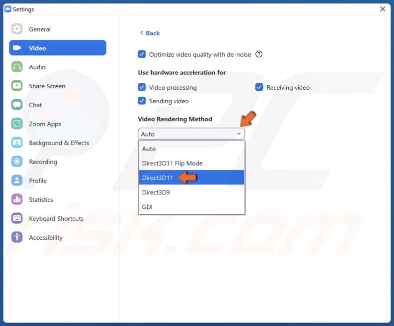 Open the Video Rendering Method drop-down menu and select Direct3D11