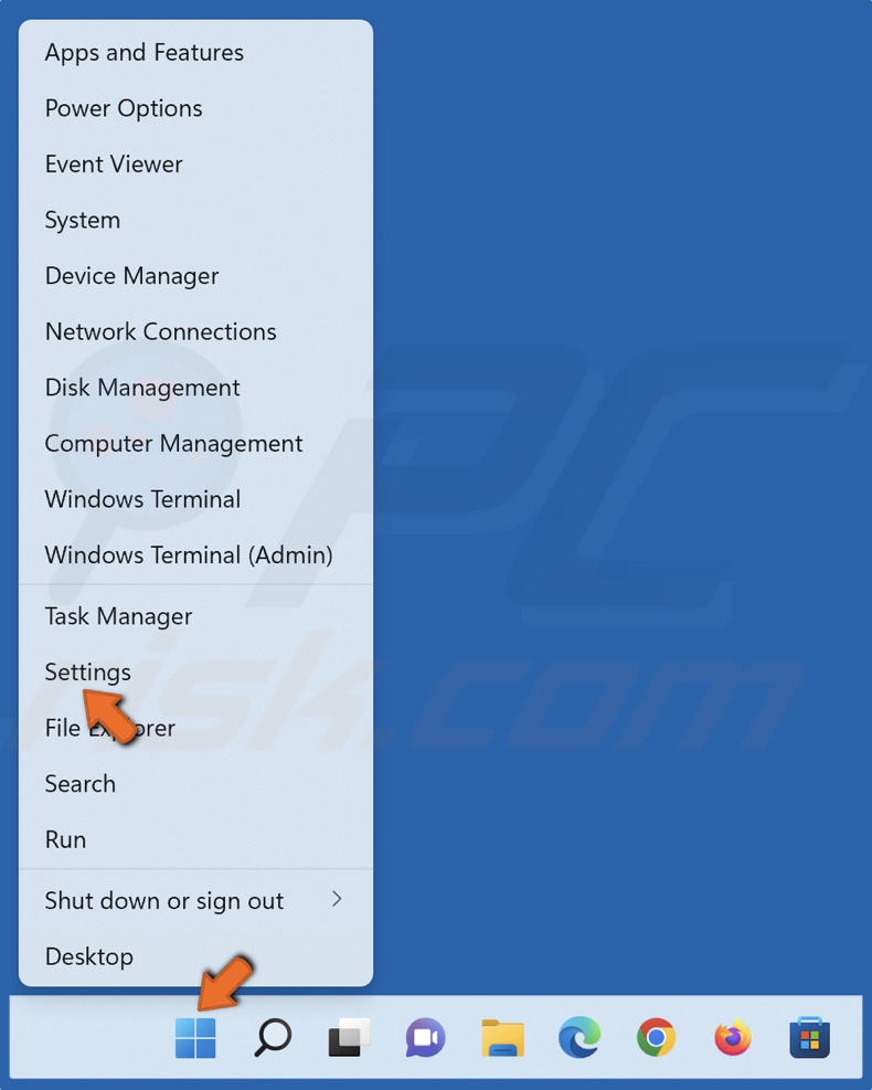 Right-click Start and select Settings