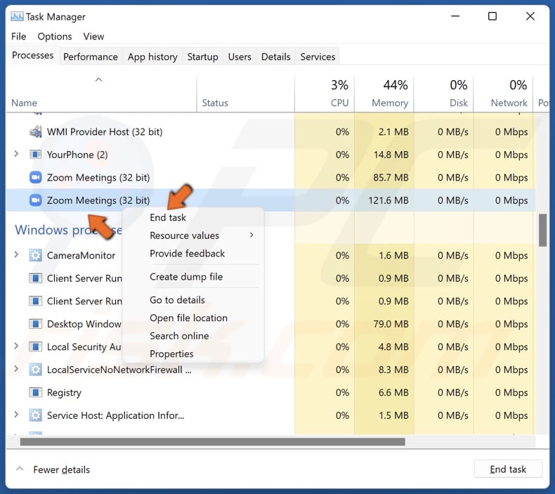 Right-click the Zoom Meetings process and click End task
