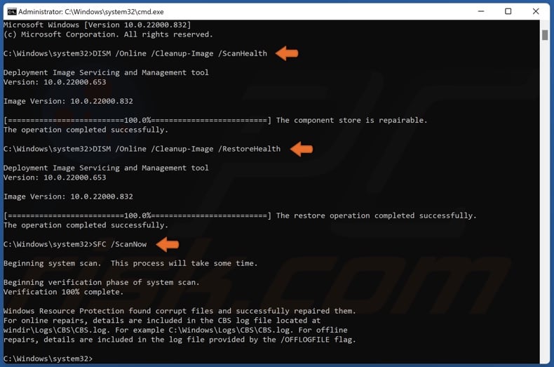 Run DISM ScanHealth and RestoreHleath and SFC ScanNow commands