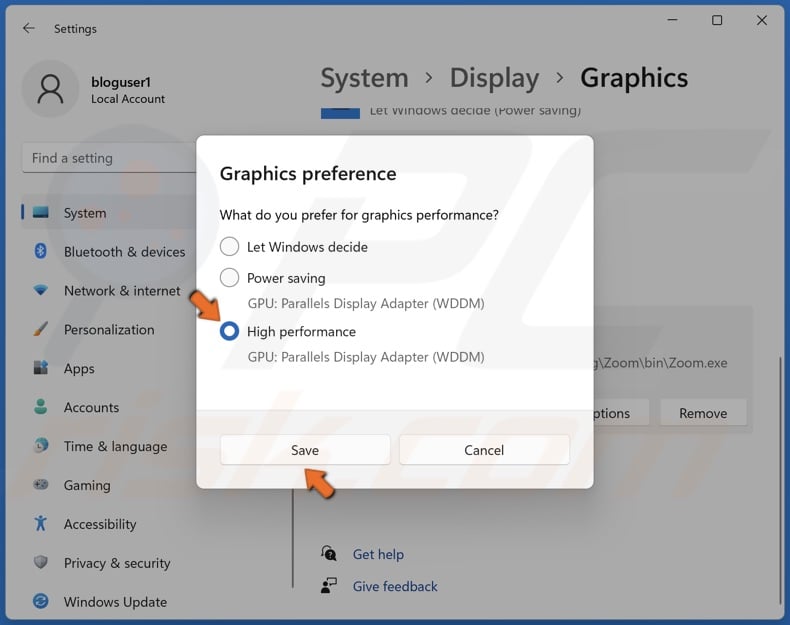 Select High performance for Zoom.exe and click Save